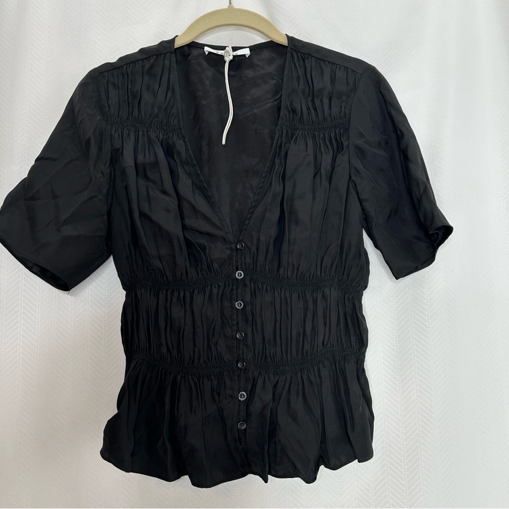 Frame silk blouse black short sleeves size small v neck